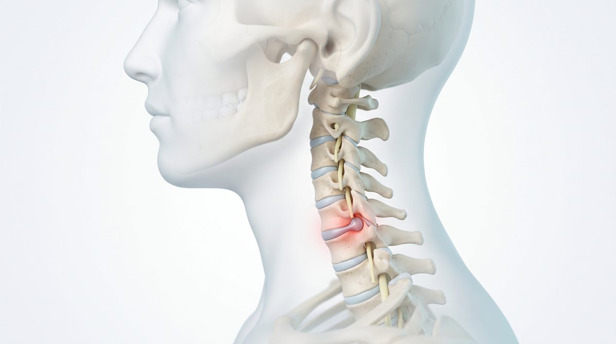 Illustration of the neck spine with one herniated disc pressing on a nerve
