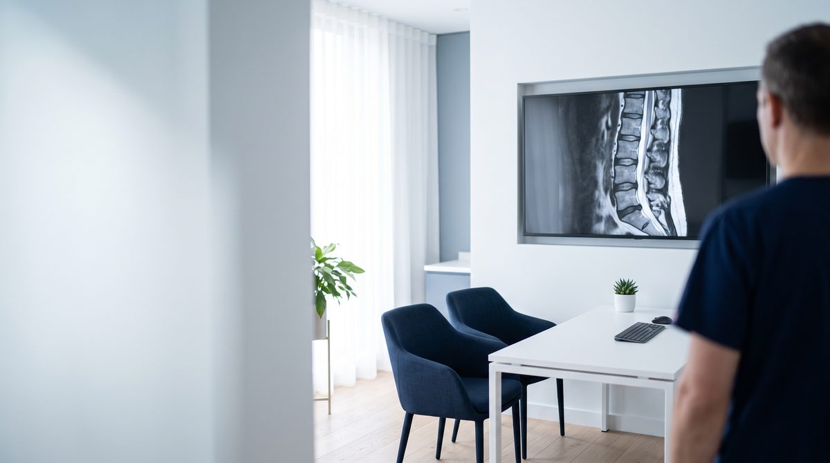 A bright consultation room with a lumbar spine MRI on a wall monitor and two navy chairs