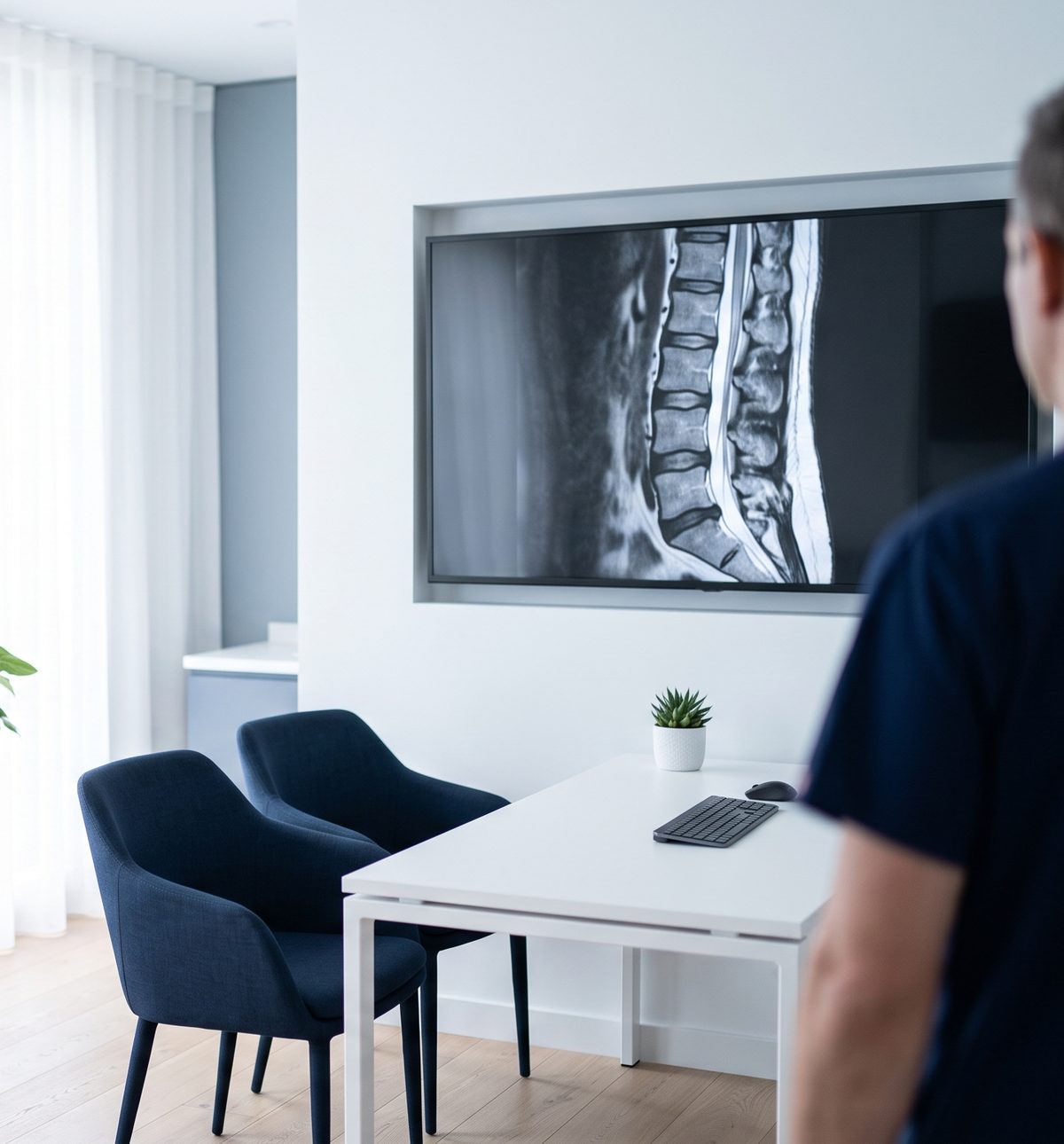 Bright spine clinic consultation room with spine imaging on a monitor