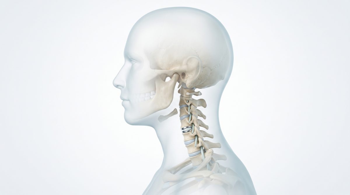 Model of the neck spine with an artificial disc between two vertebrae