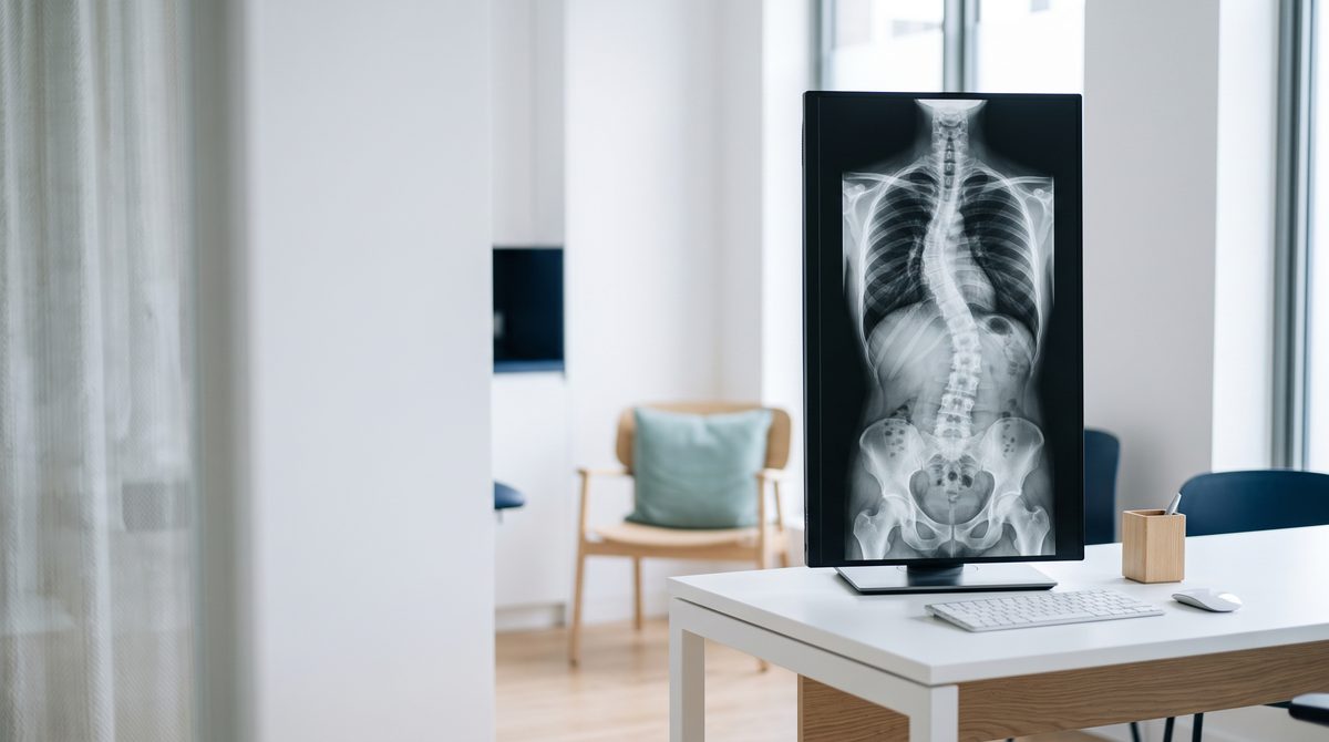 Full-length standing spine x-ray on a clinical display