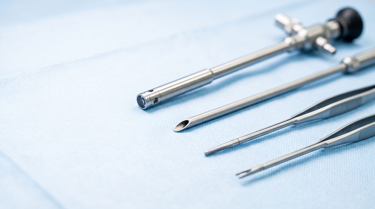 Slim endoscopic spine instruments on a sterile blue drape