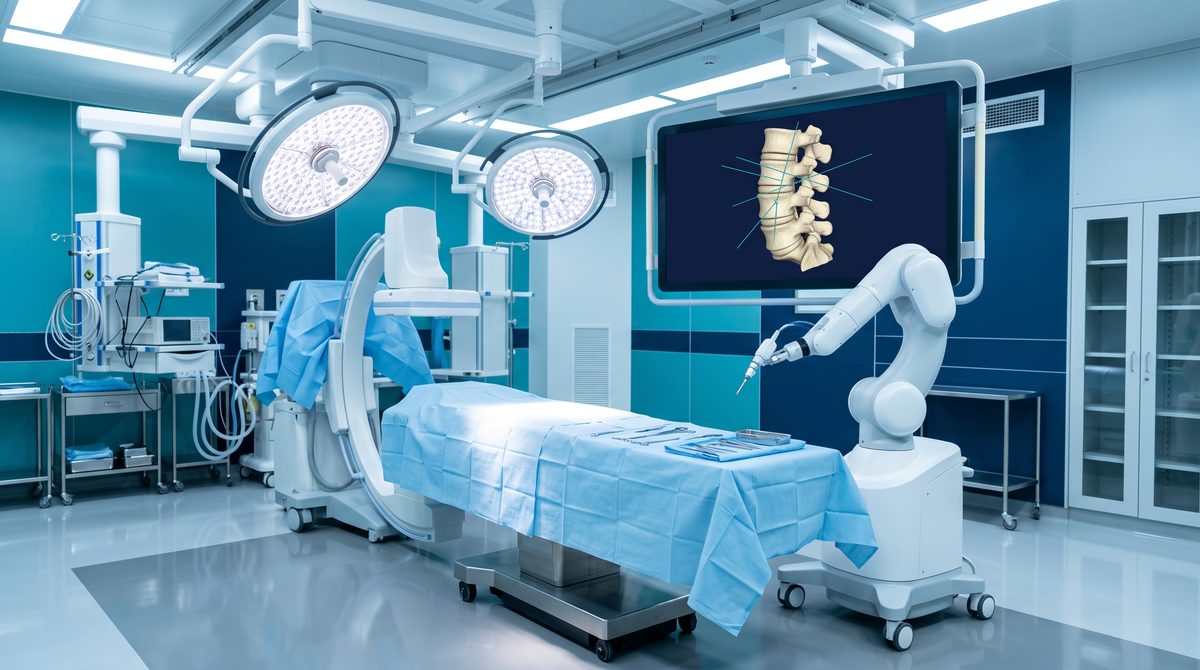 Operating room with a navigation display showing a 3D spine model